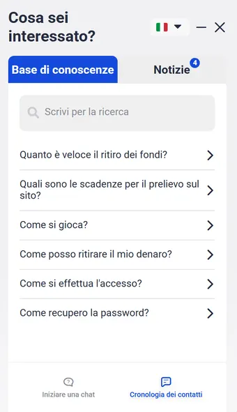 Widget Aiuto online di Winnita aperto: Base di conoscenze, Notizie, Iniziare una chat